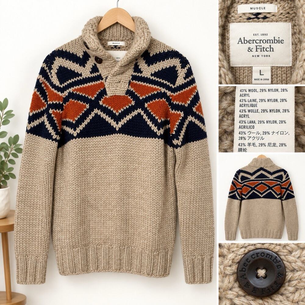 Vtg Abercrombie & Fitch Mens Heavyweight Wool Knit Muscle Sweater Size L